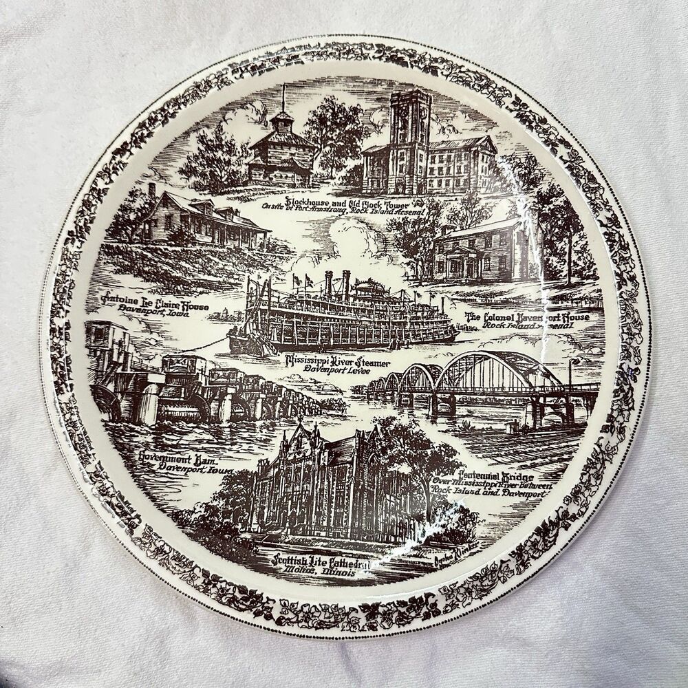 Vtg Vernon Kilns Tri Cities Plate Davenport IA Rock Island IL Brown